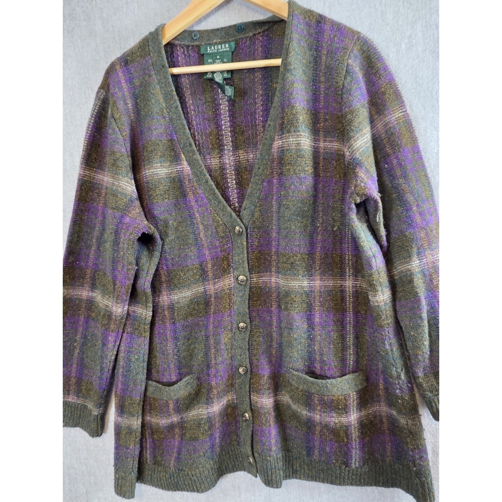 Lauren Ralph Lauren 1X Lambswool Cardigan Sweater Purple Green Tartan Plaid Y2K